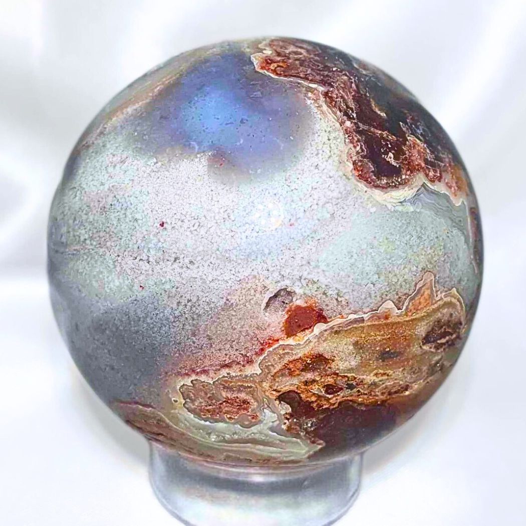 Crazy Lace Agate with Druzy Quartz Sphere - includes holder - 234g