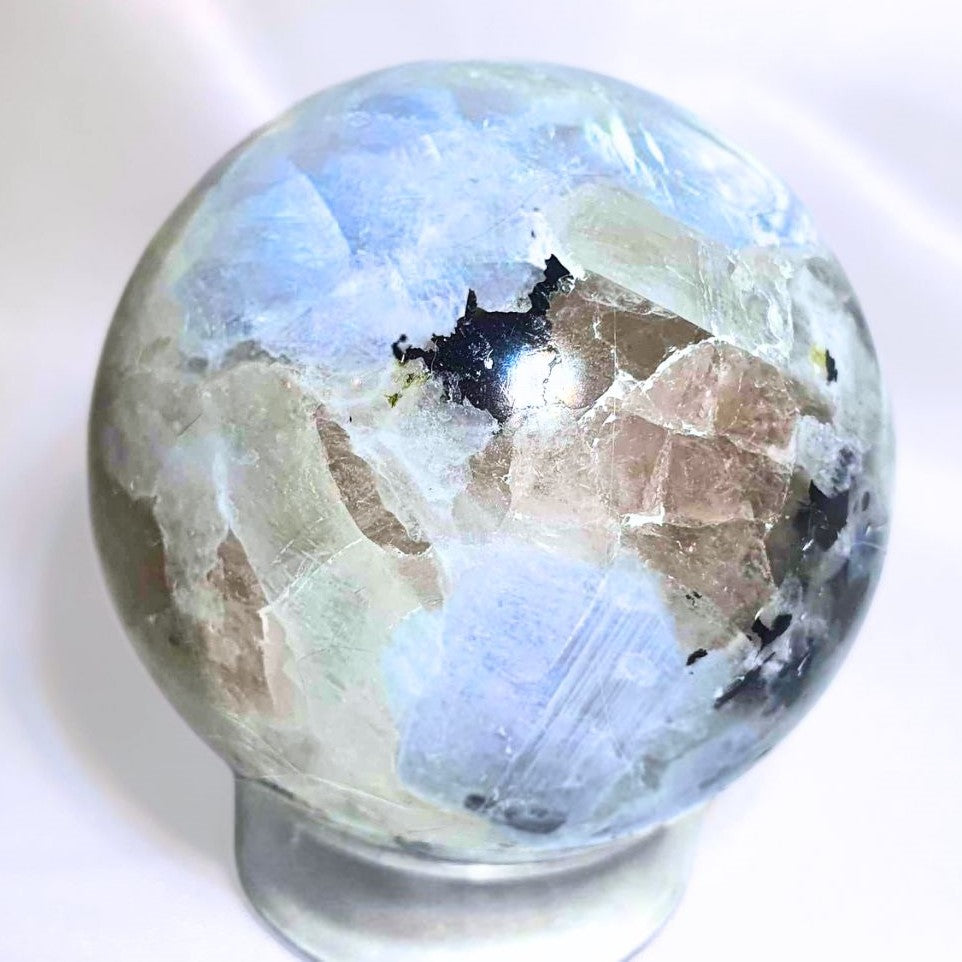 High Grade Rainbow Moonstone, Smoky Quartz & Tourmaline Sphere - holder included