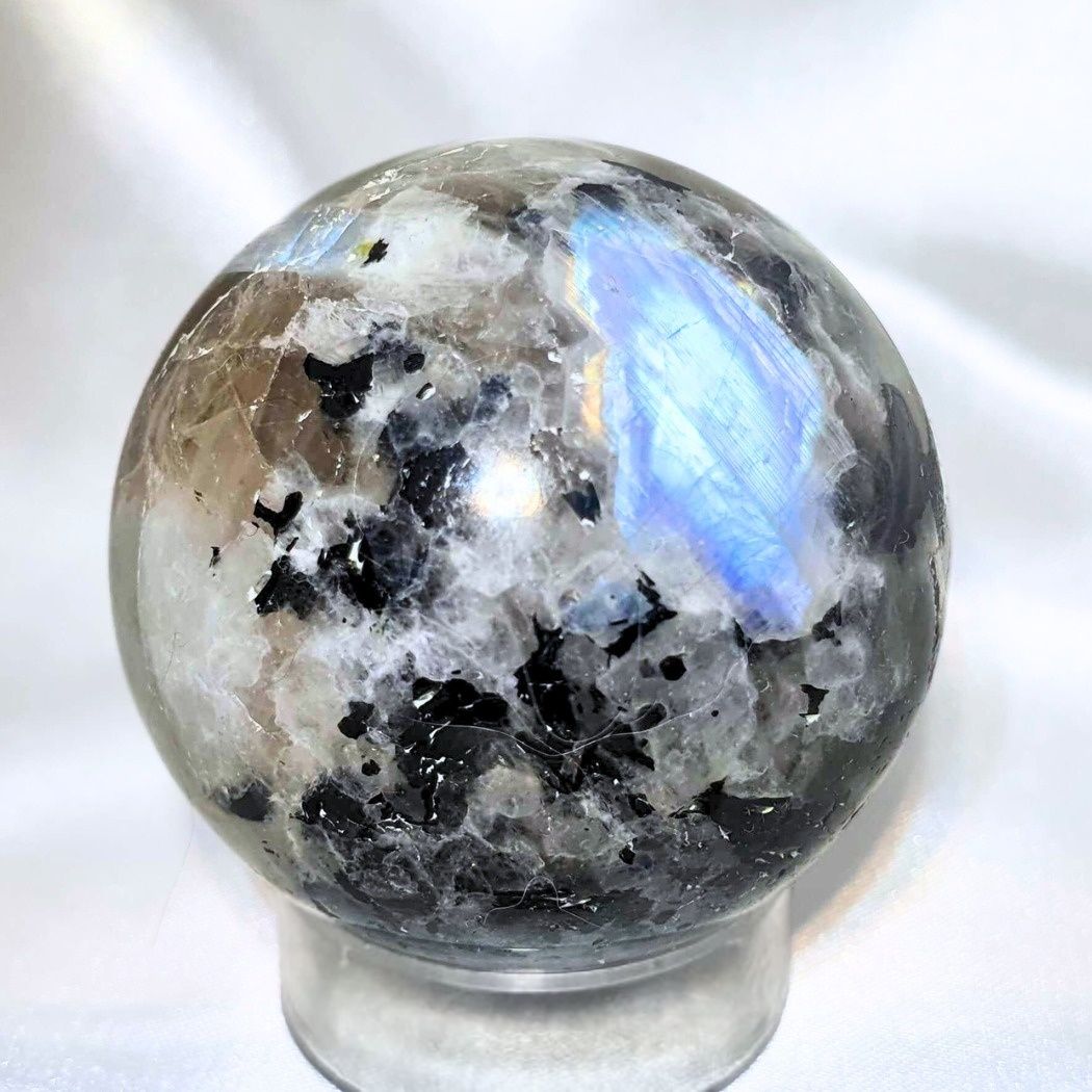 High Grade Rainbow Moonstone, Smoky Quartz & Tourmaline Sphere - holder included