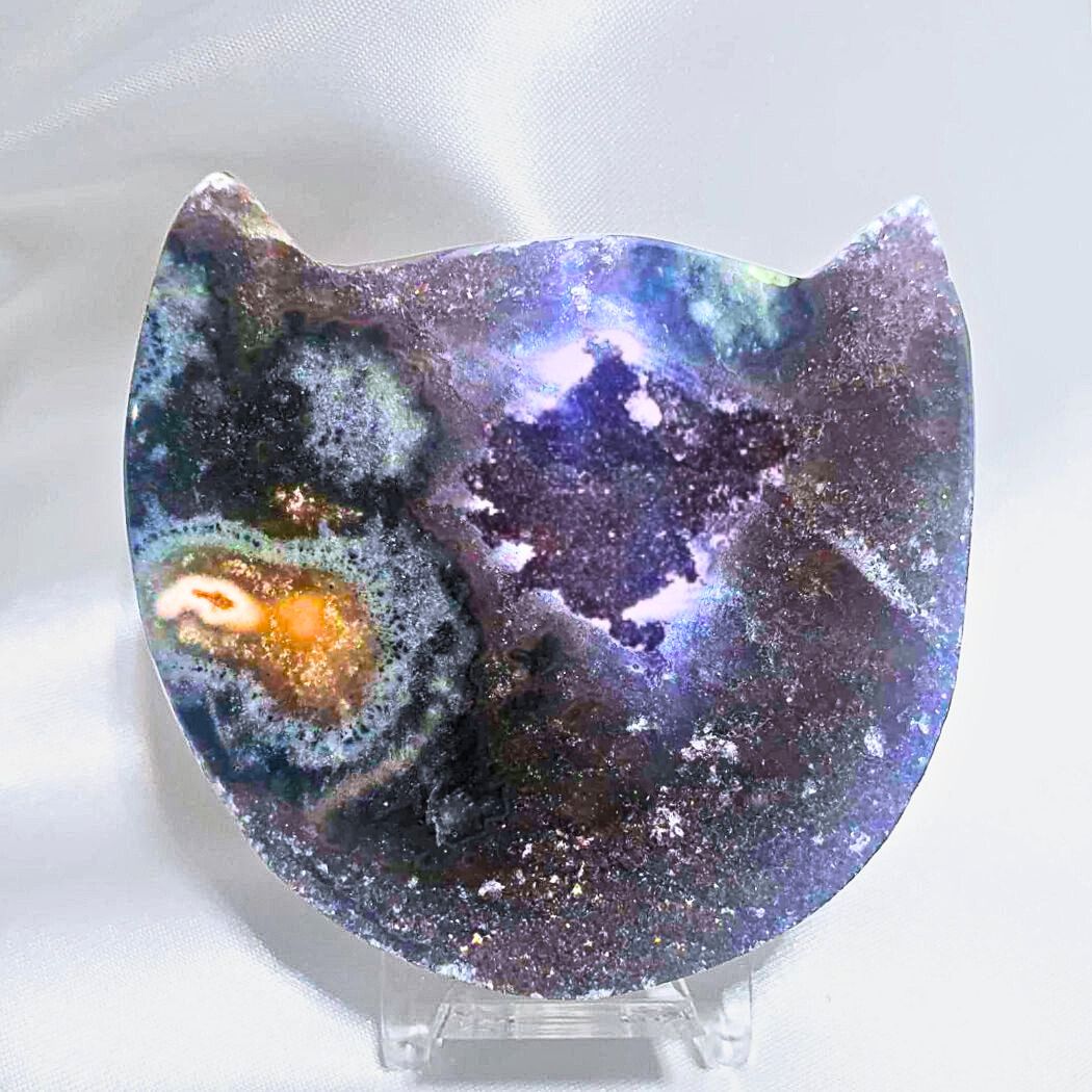 Rainbow Amethyst Cat Carving with Rare Stalactites