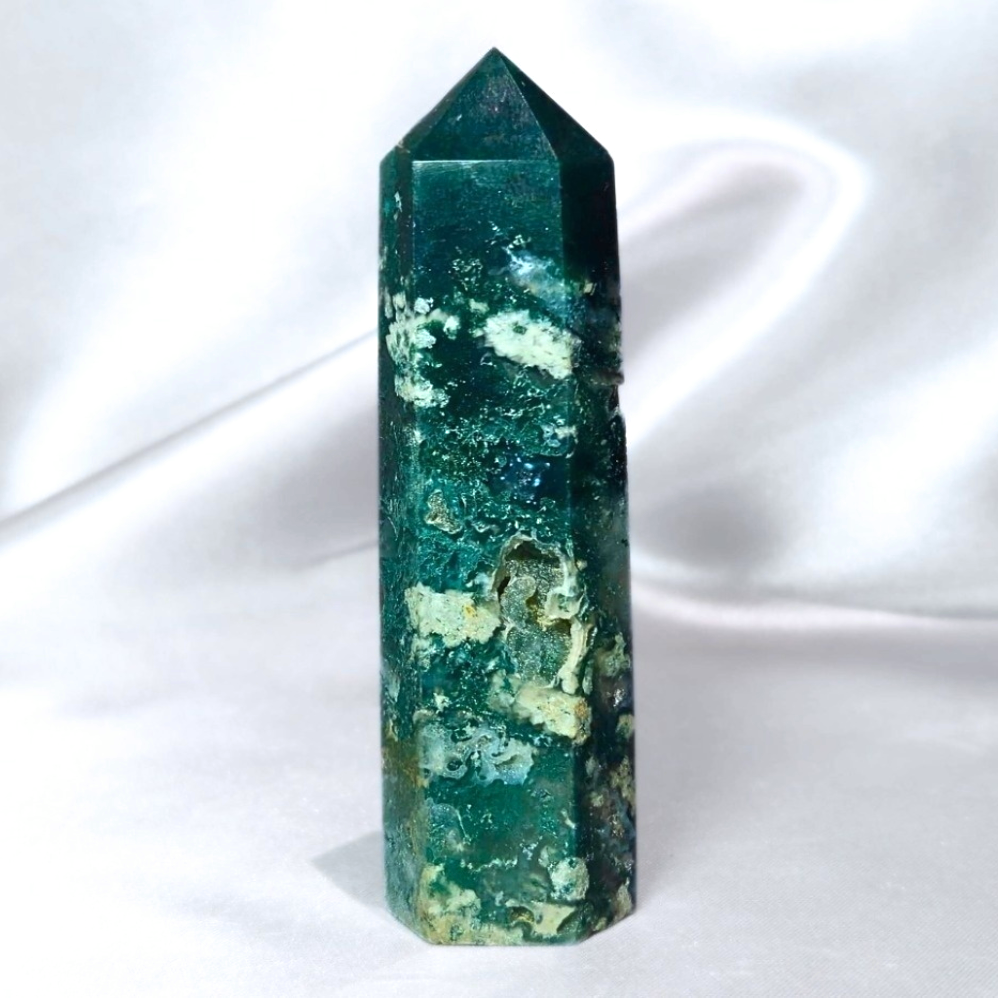 Moss Agate Tower with Druzy