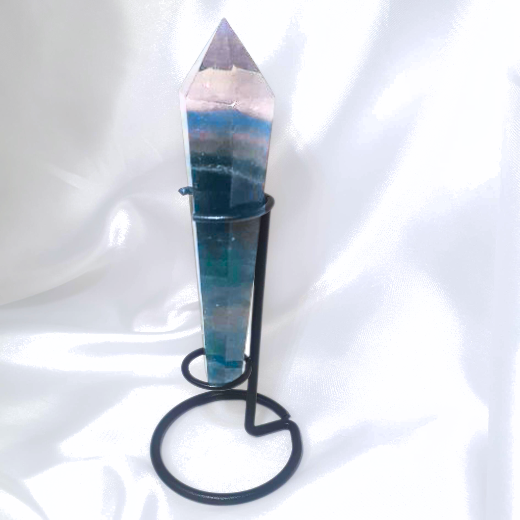 High Grade Blue & Green Fluorite Wand with Rainbows - metal stand included