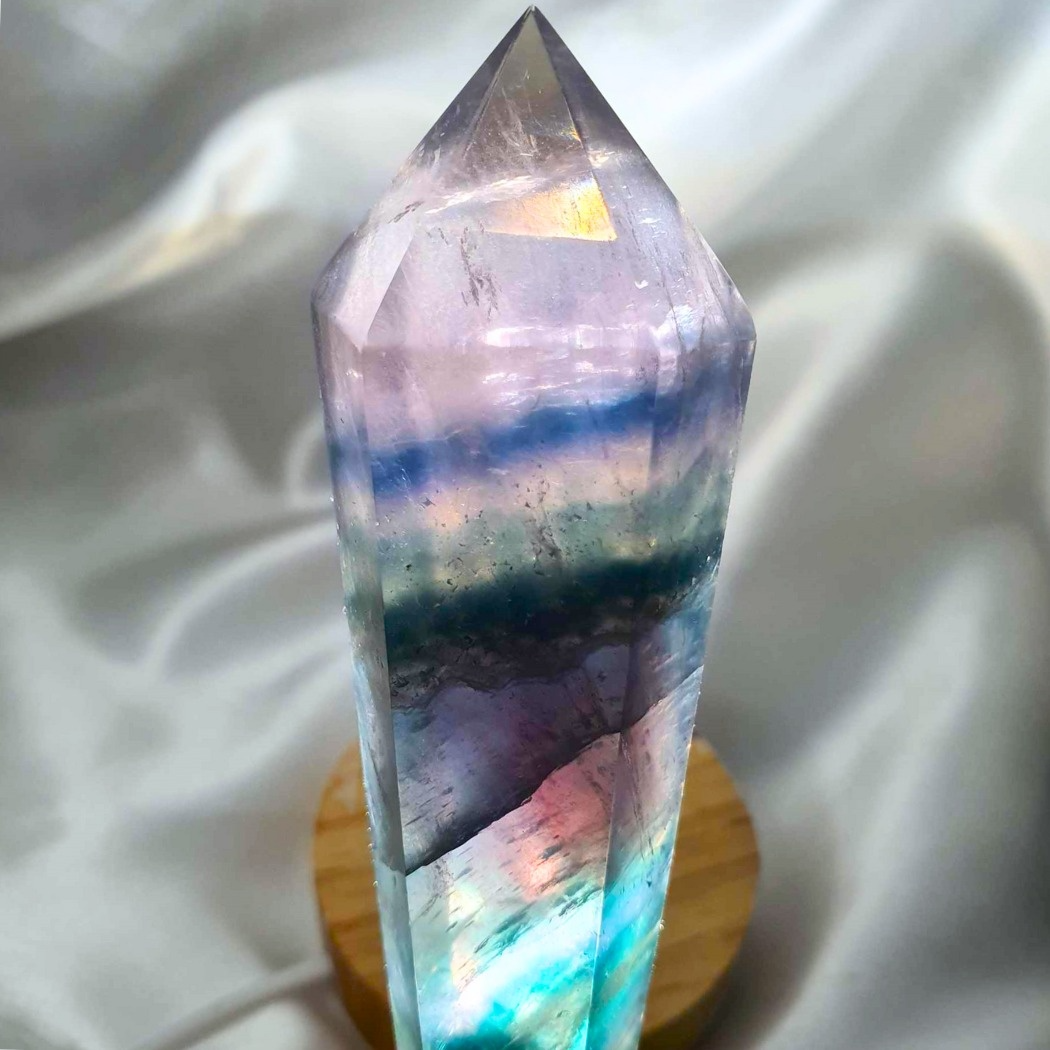 High Grade Blue & Green Fluorite Wand with Rainbows - metal stand included