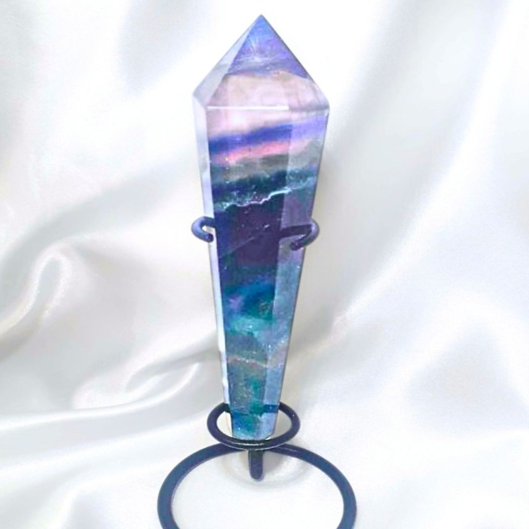 High Grade Blue & Green Fluorite Wand with Rainbows - metal stand included