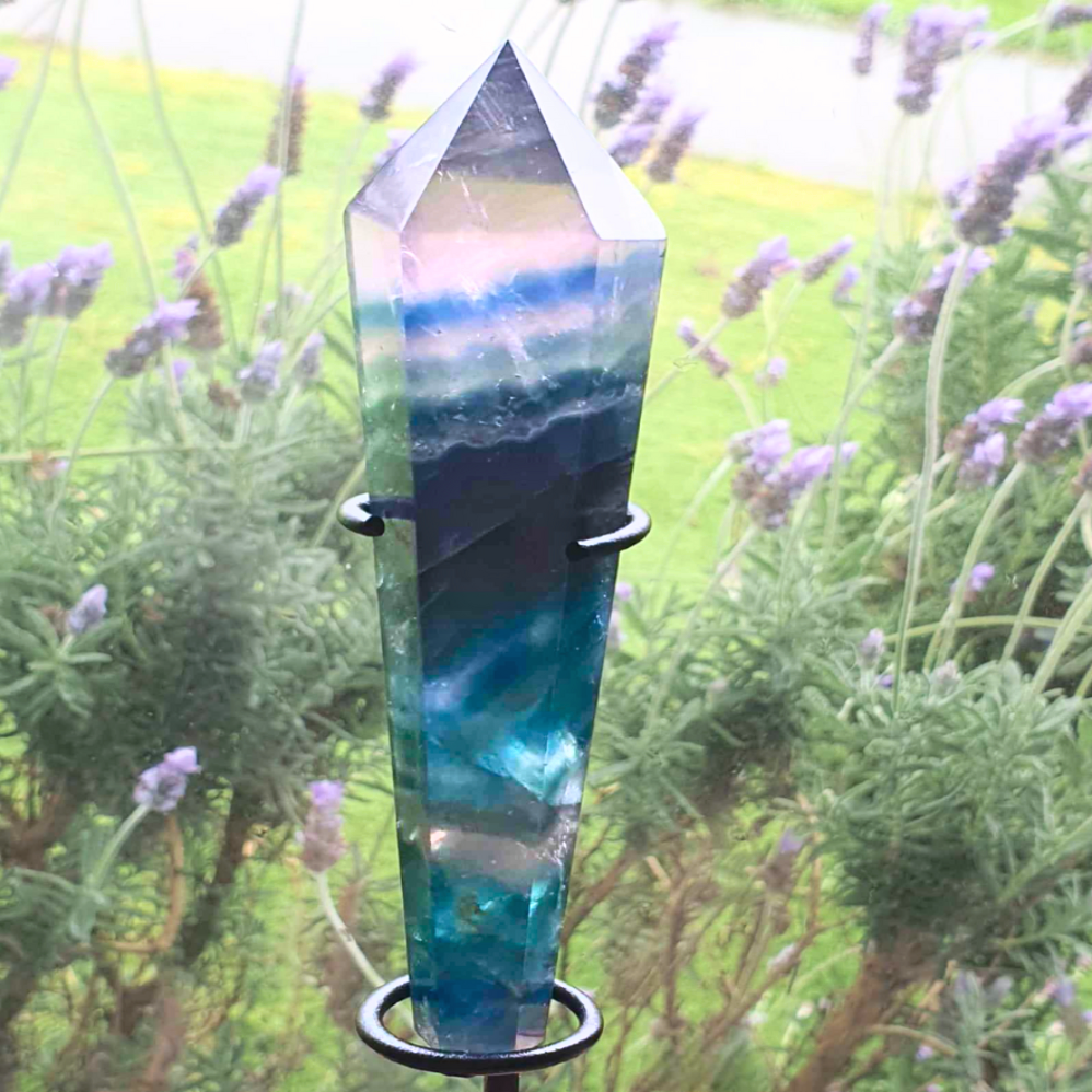 High Grade Blue & Green Fluorite Wand with Rainbows - metal stand included