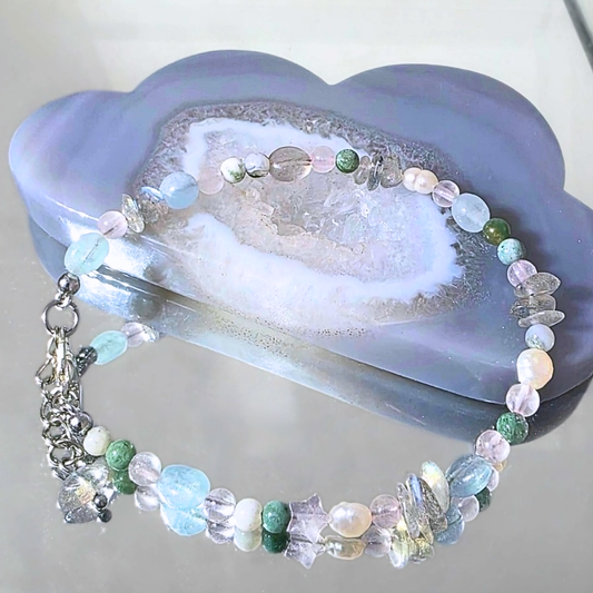 Coastal Veil Bracelet ☁️| Moss Agate, Labradorite, Pearl & Aquamarine