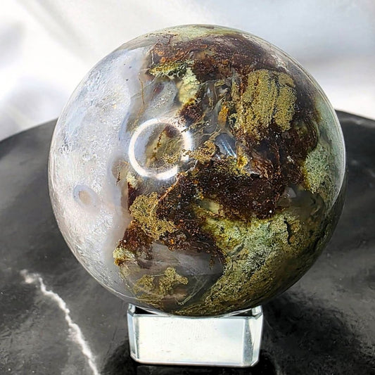 High Grade Moss Agate & Blue Chalcedony Crystal Sphere - 280g