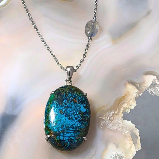 Rare Shattuckite & Labradorite 925 Sterling Silver Necklace