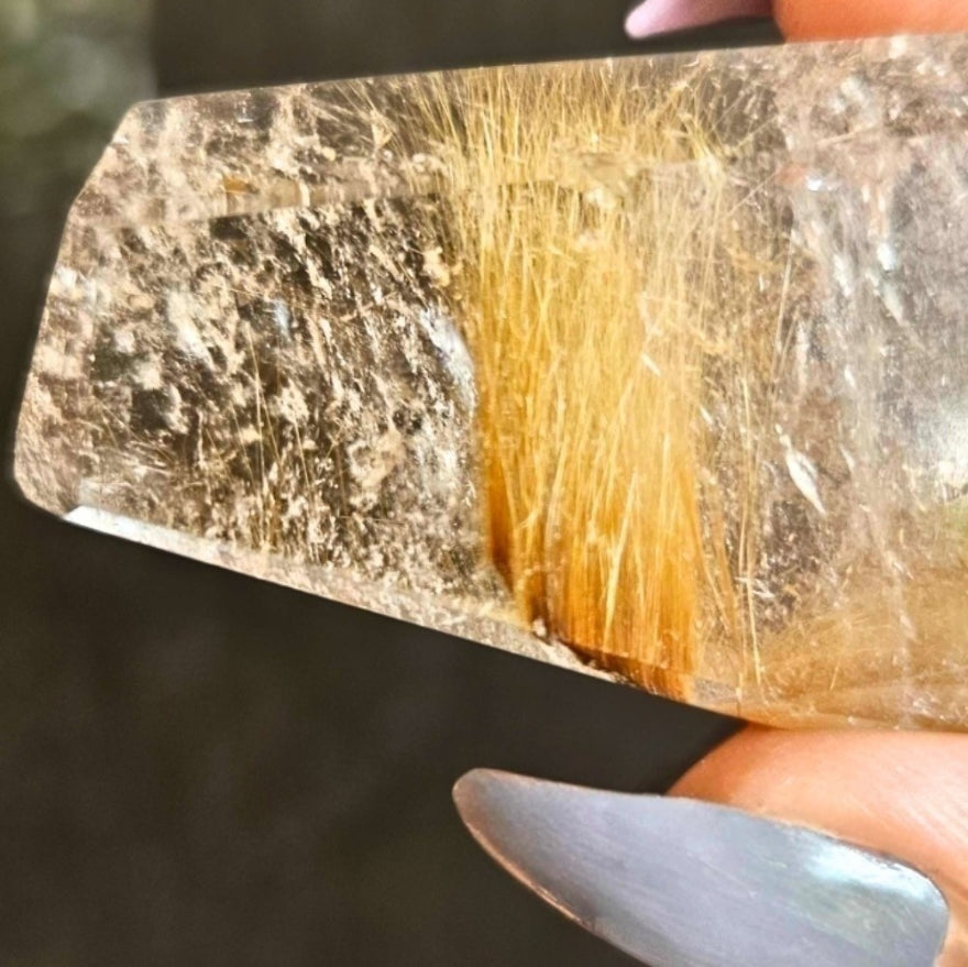 High Grade Golden Rutilated Quartz Free Form - with Rainbows - stand included