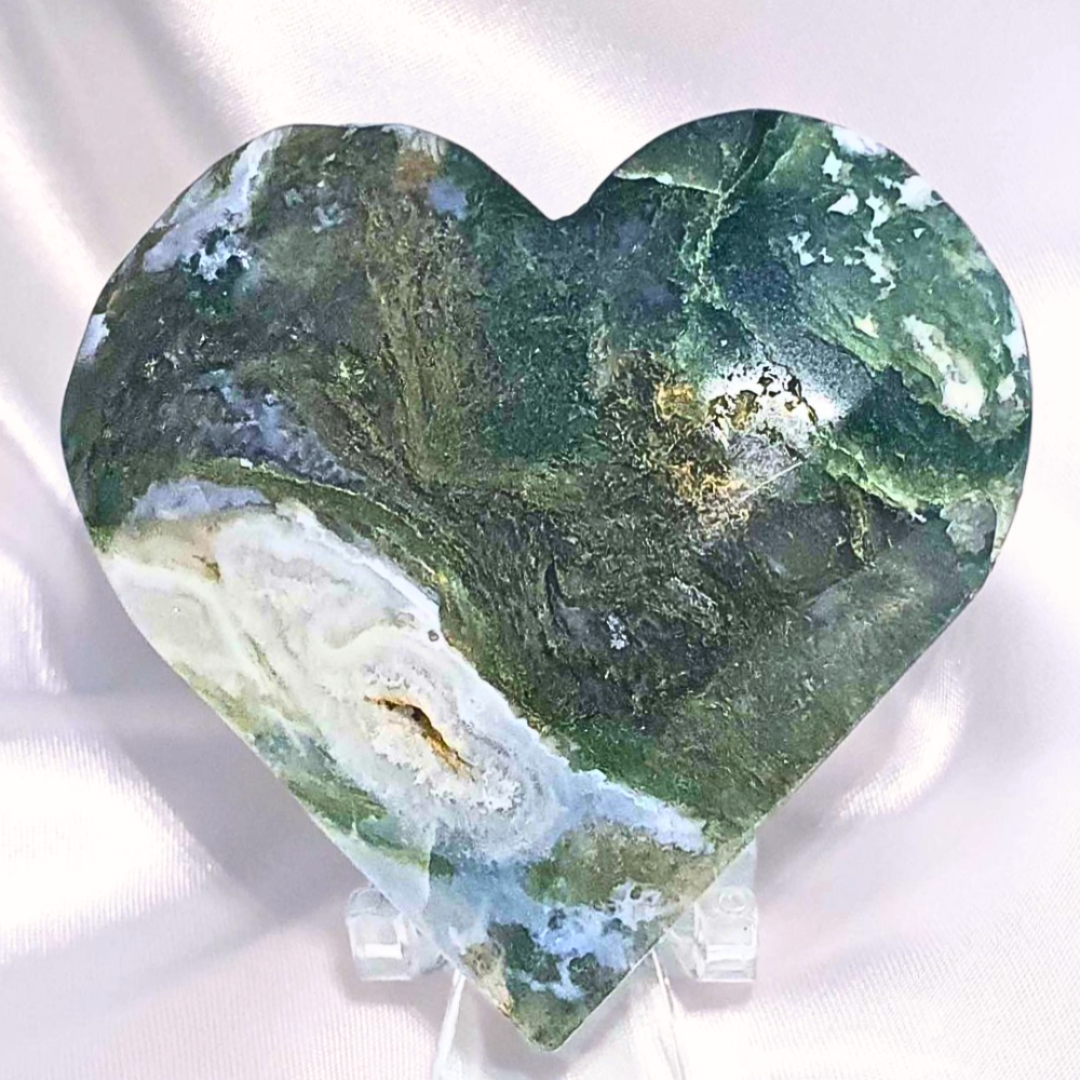 Druzy Moss Agate & Blue Chalcedony Heart - includes stand