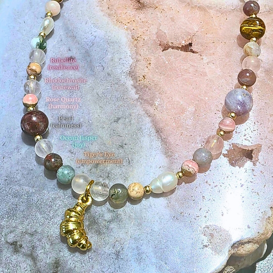 Croissant Lumière Necklace ☁️🥐✨ | Rhodochrosite, Tourmaline, Tiger’s Eye & Rose Quartz Jewellery