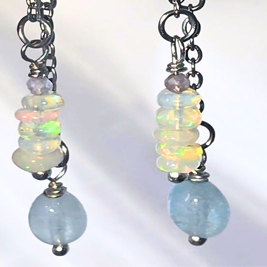 Opal Light Drop Earrings | Ethiopian Opal & Aquamarine (Sterling Silver)☁️