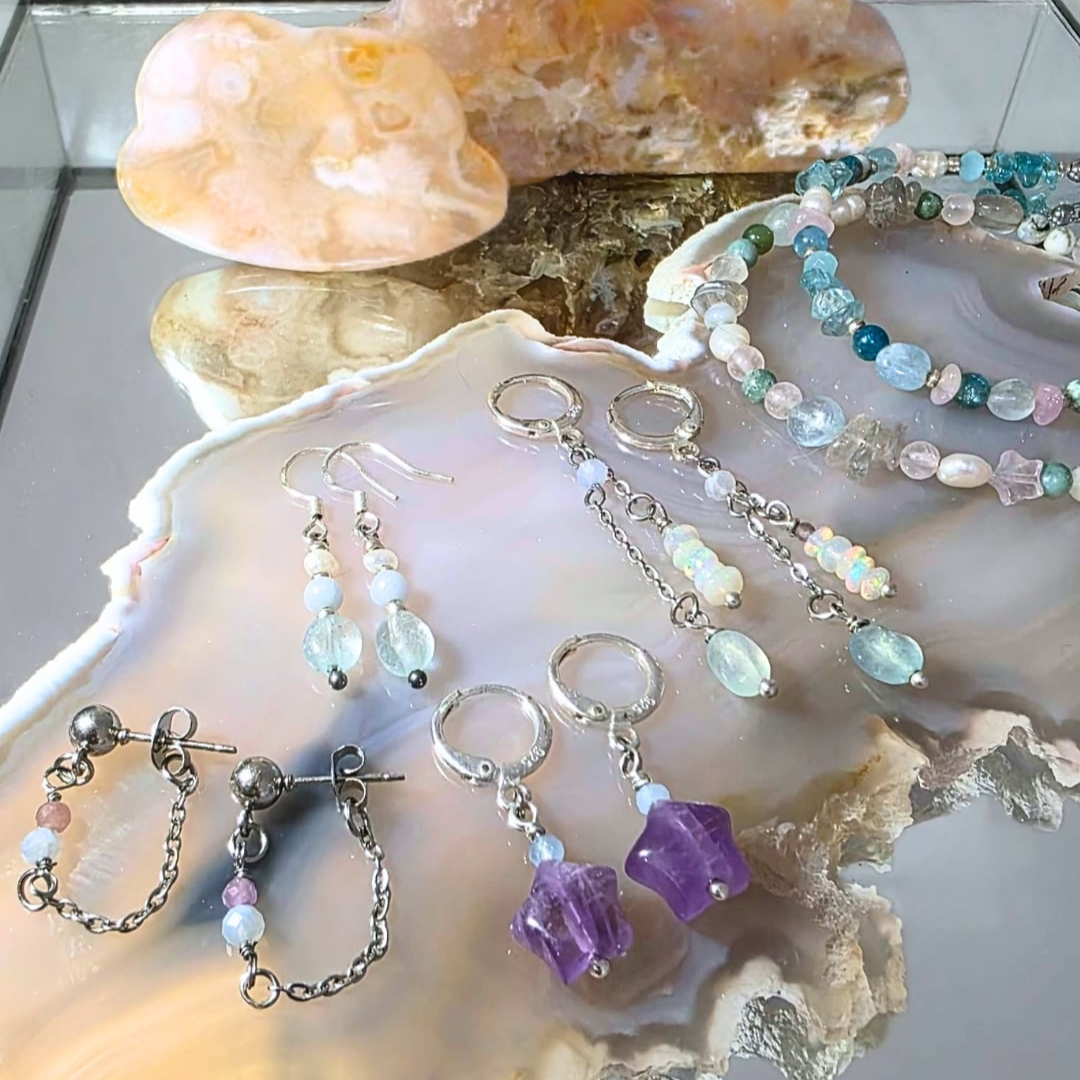 Ameline Huggie Earrings | Amethyst & Aquamarine (Sterling Silver)☁️✨