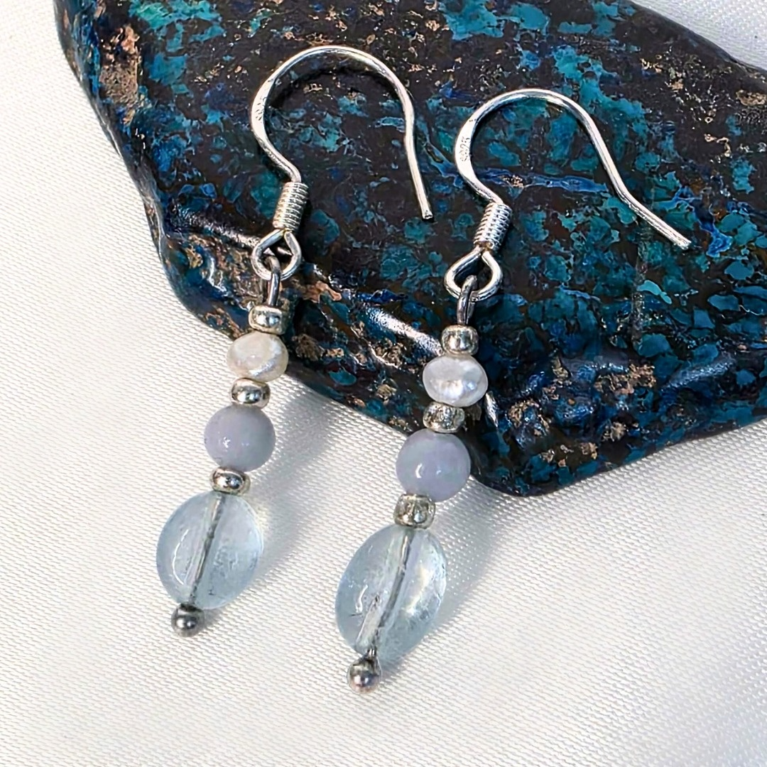 Celeste Drop Earrings | Aquamarine, Blue Chalcedony & Pearl (Sterling Silver)☁️