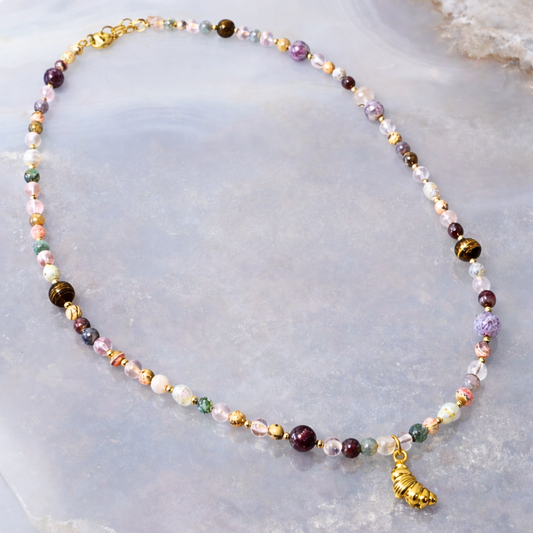 Croissant Lumière Necklace ☁️🥐✨ | Rhodochrosite, Tourmaline, Tiger’s Eye & Rose Quartz Jewellery