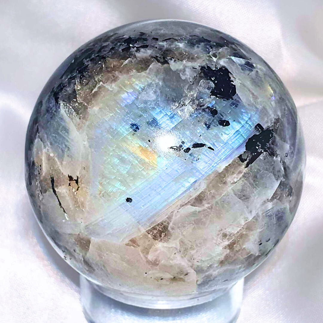 Rainbow Moonstone, Smoky Quartz & Tourmaline Sphere - holder included