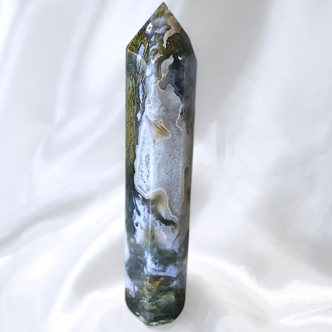 Large Druzy Moss Agate with Blue Chalcedony Tower - 20cm tall, 481g