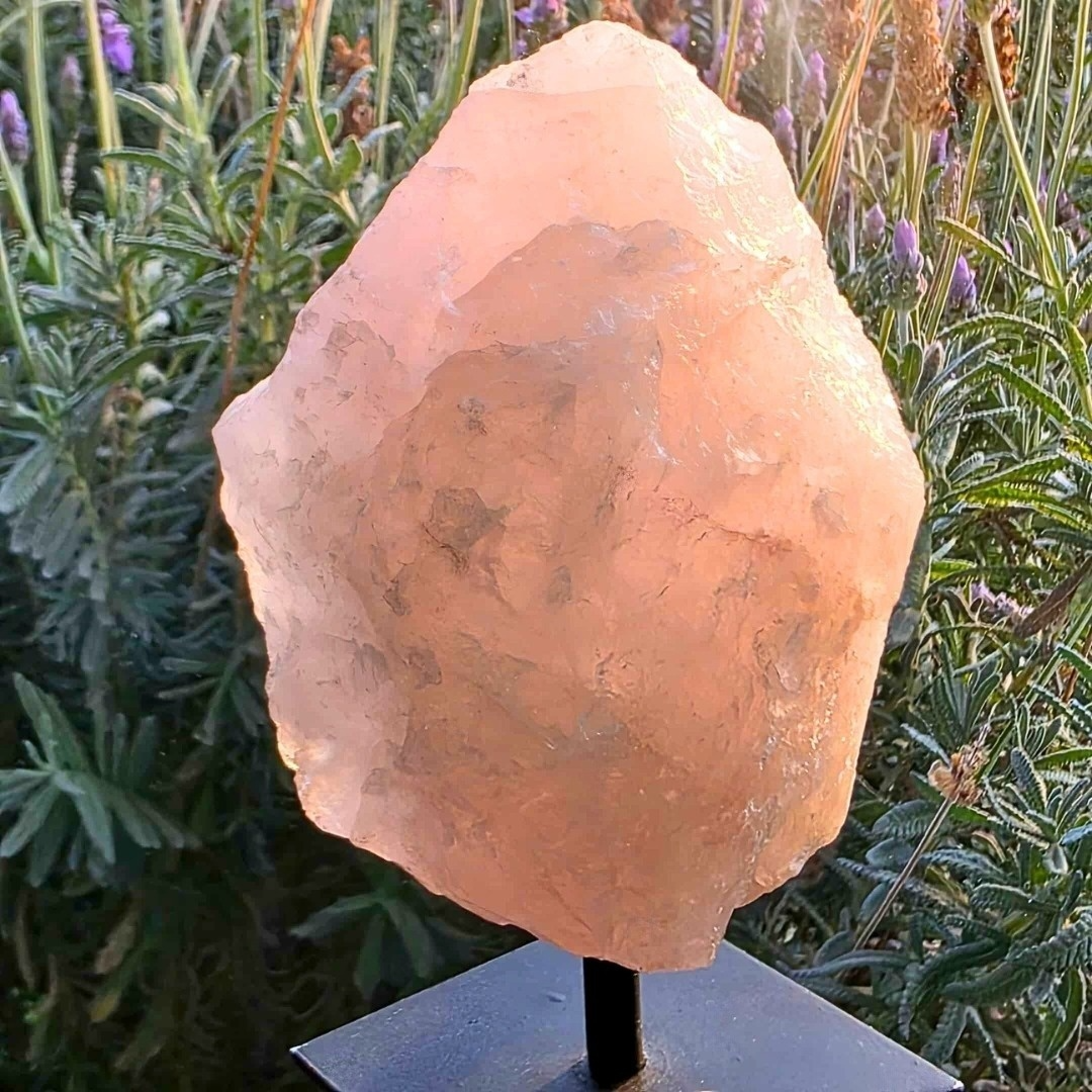 Rose Quartz Large Raw Crystal on Metal Stand - 434g