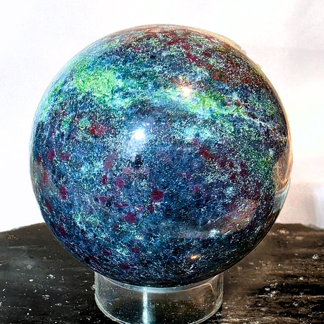 High Grade Kyanite, Mica & Ruby Fuchsite Sphere - 388g - UV reactive