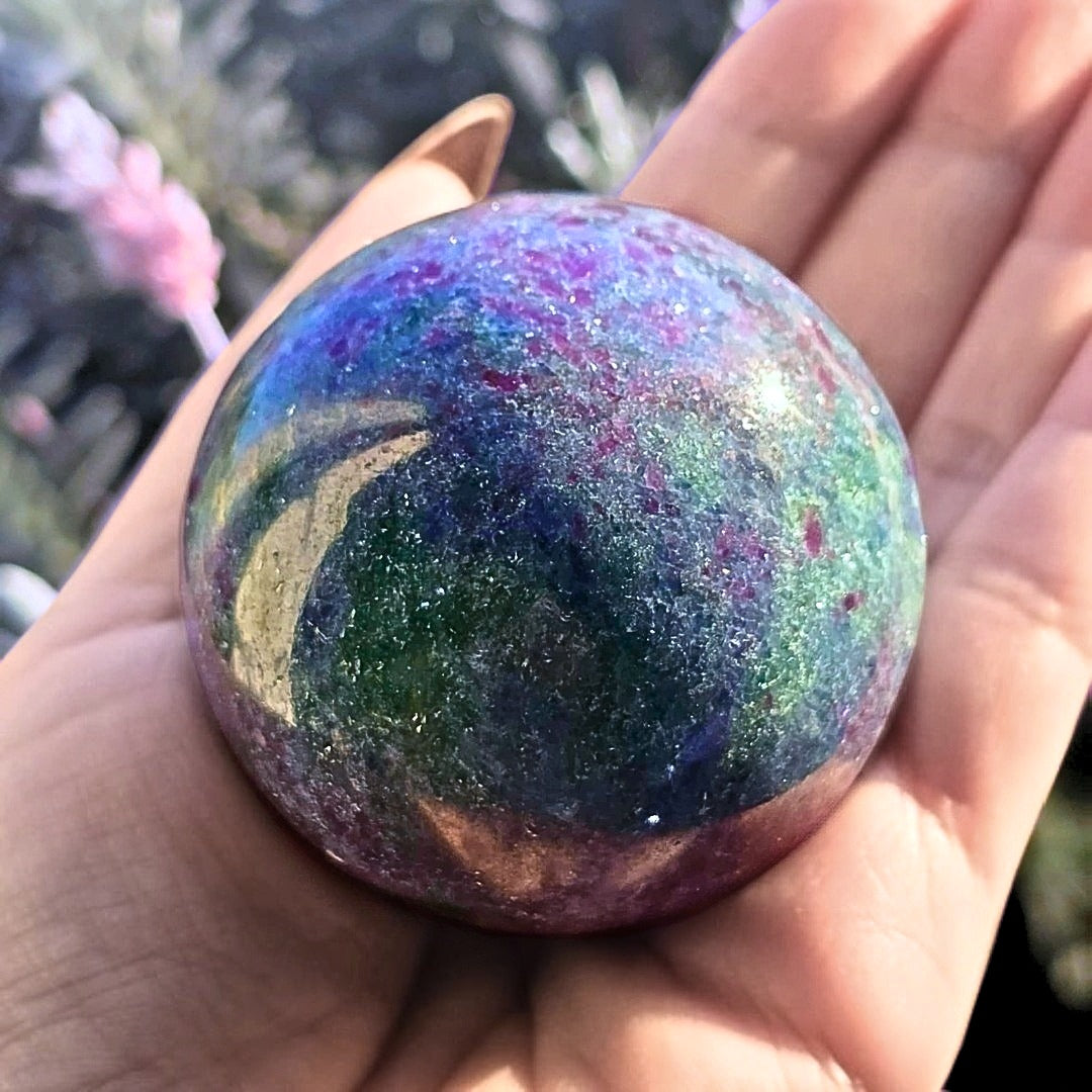 High Grade Kyanite, Mica & Ruby Fuchsite Sphere - 388g - UV reactive