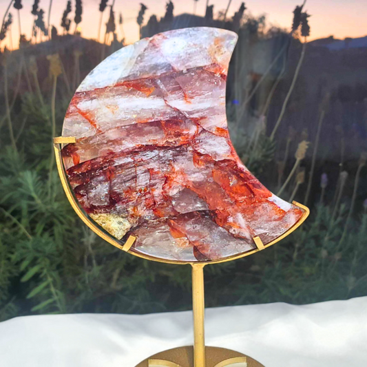 Extra Grade Fire Quartz Moon Carving with Metal Stand