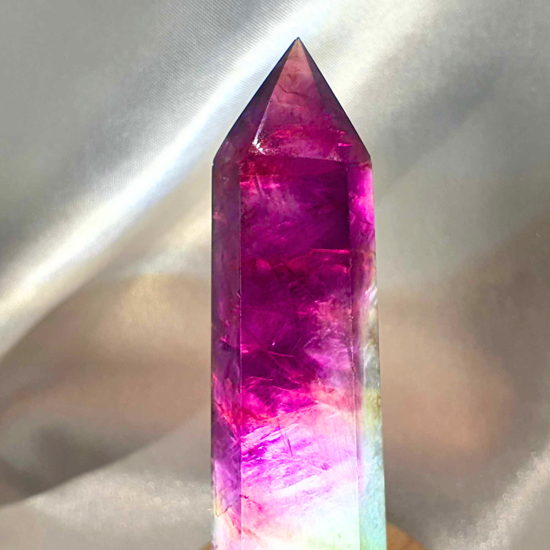 Watermelon Fluorite Tower Point with Rainbows - not for sale yet