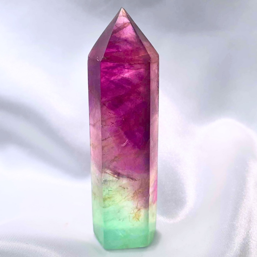 Watermelon Fluorite Tower Point with Rainbows - not for sale yet