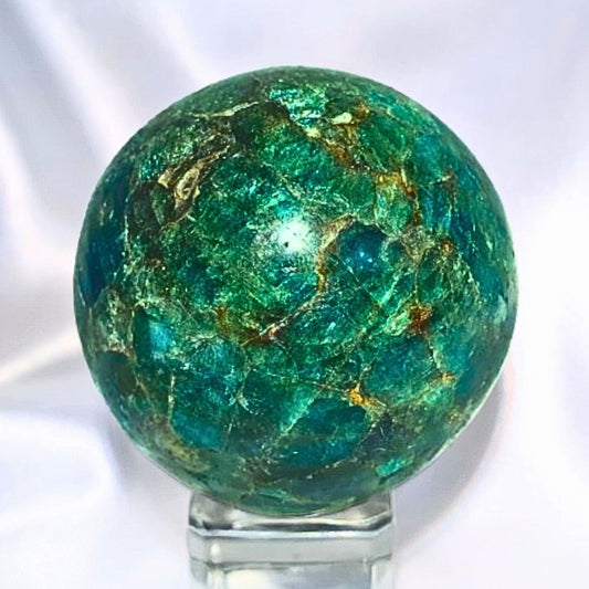 Green Apatite Sphere with Silver Sheen - stand included - 212g