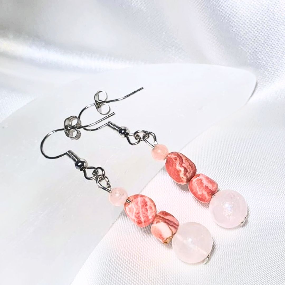 Rhodochrosite & Rose Quartz Crystal Earrings