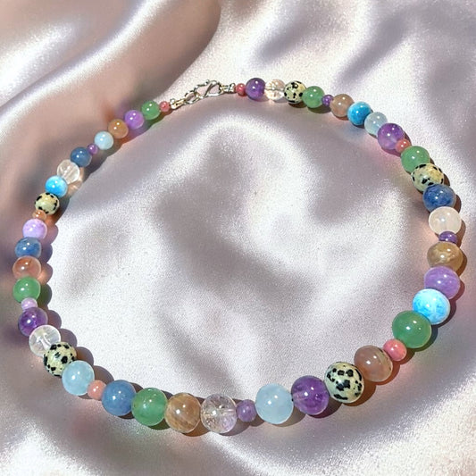 Speckle Multistone Crystal Necklace | Amethyst, Aquamarine, Dalmatian Jasper & Moonstone