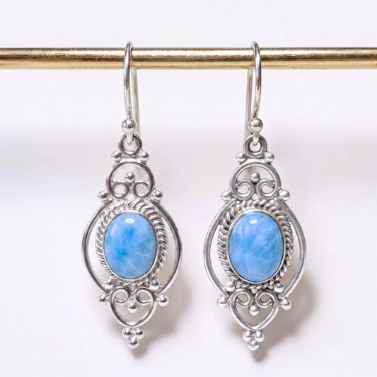 silver drop larimar earrings with vibrant blue crystal