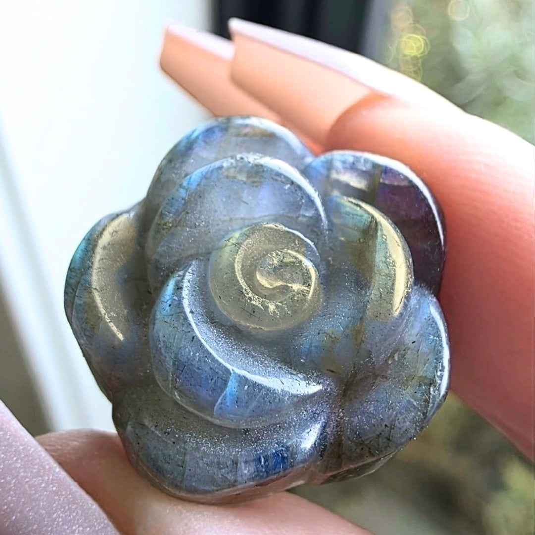 High Grade Labradorite Crystal Rose Carving