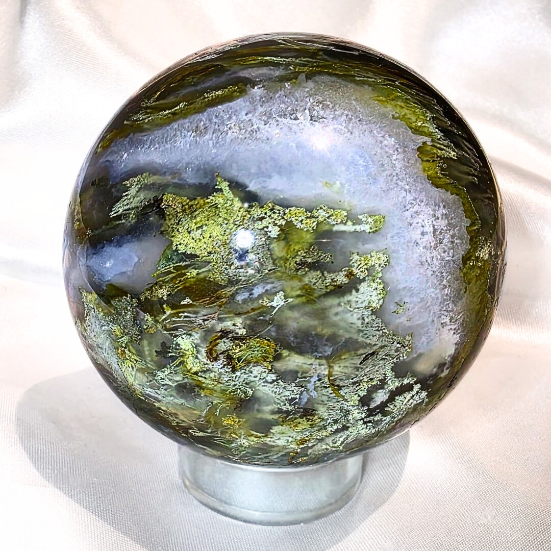 Moss Agate & Blue Chalcedony Sphere - 392g