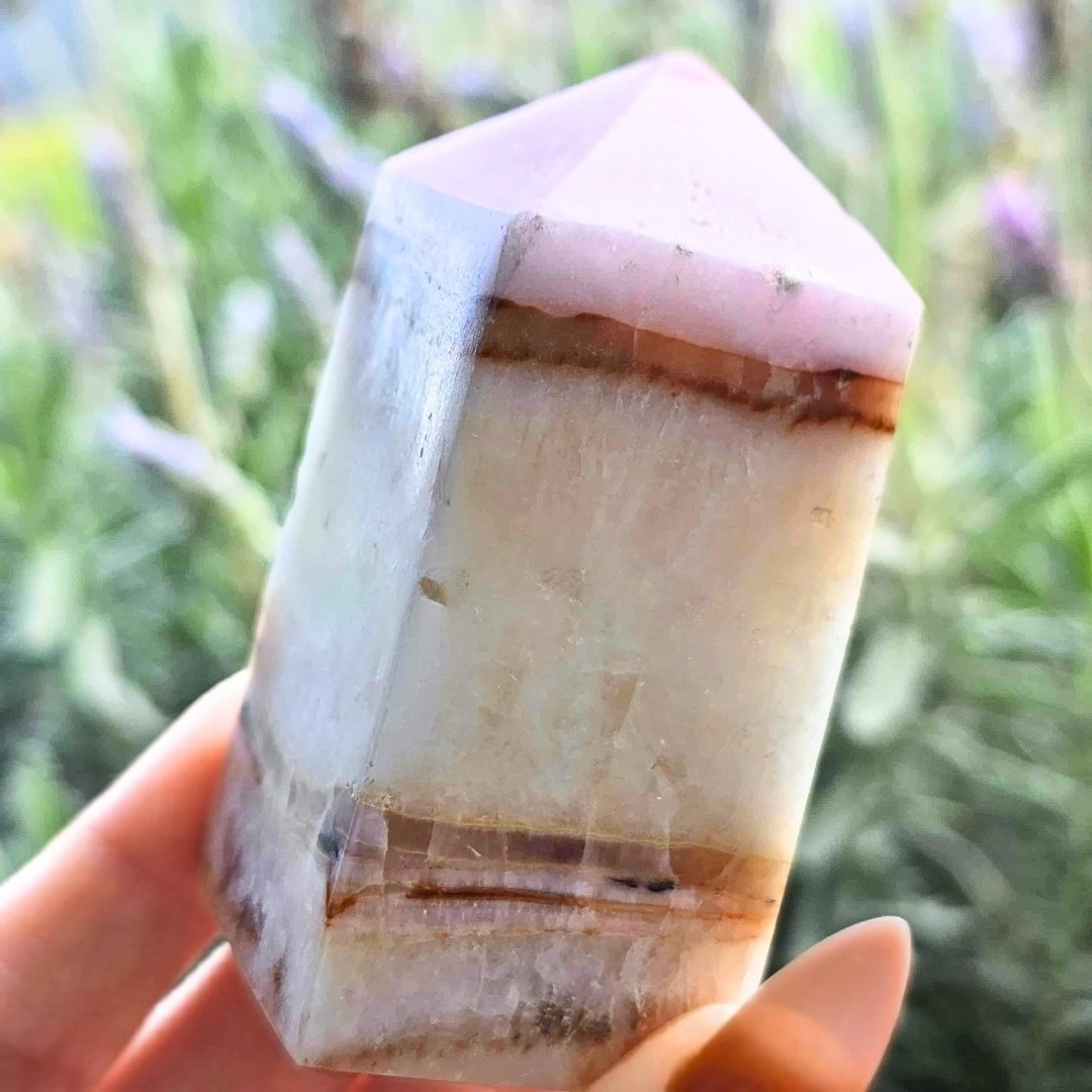 Natural Pink Aragonite with Banded Calcite Tower