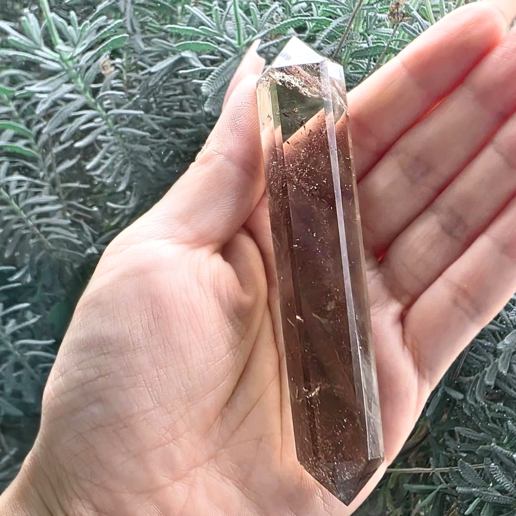 High Grade Smoky Quartz DT Crystal Wand with Rainbows - 10.3 cm