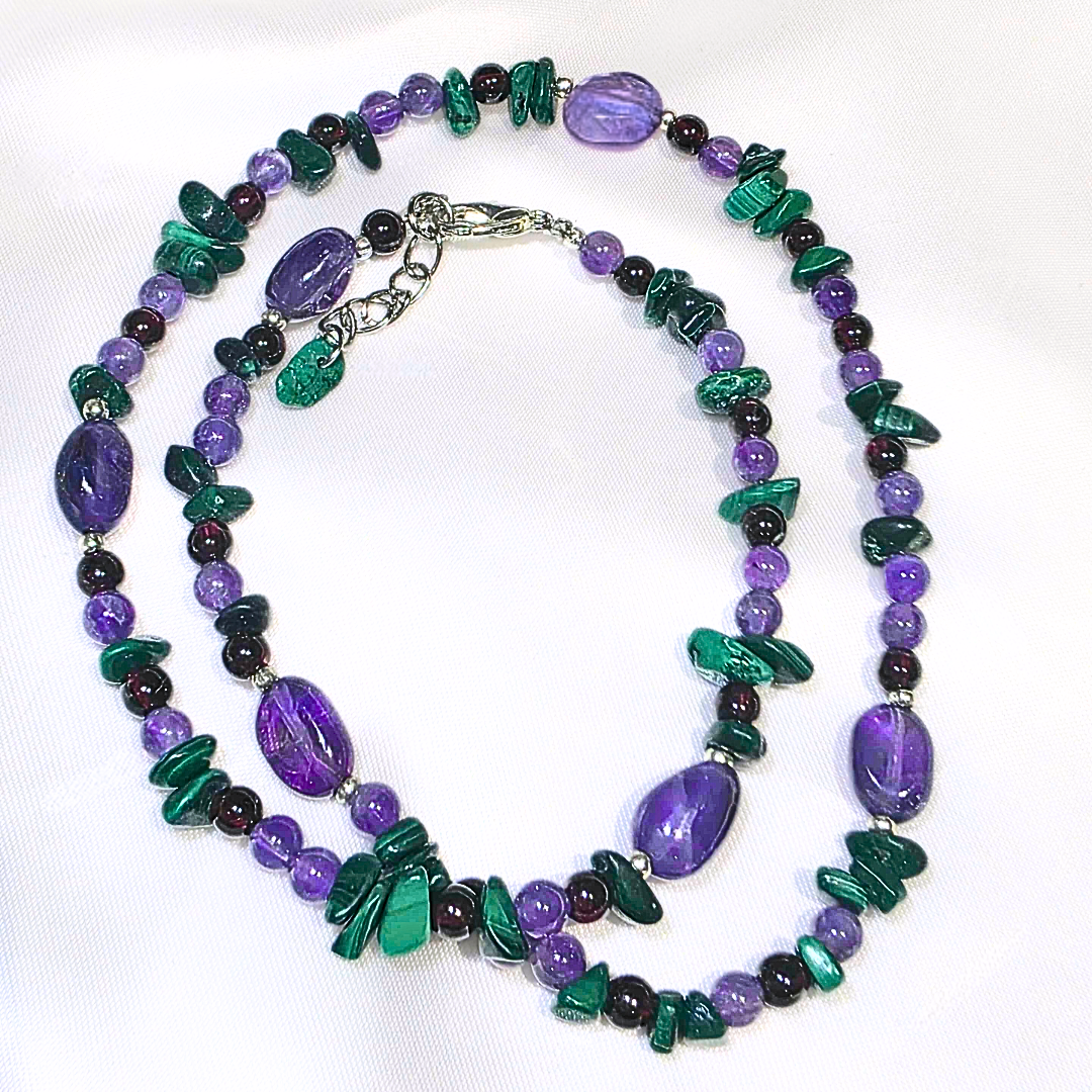 Garnet, Malachite & Amethyst Crystal Necklace