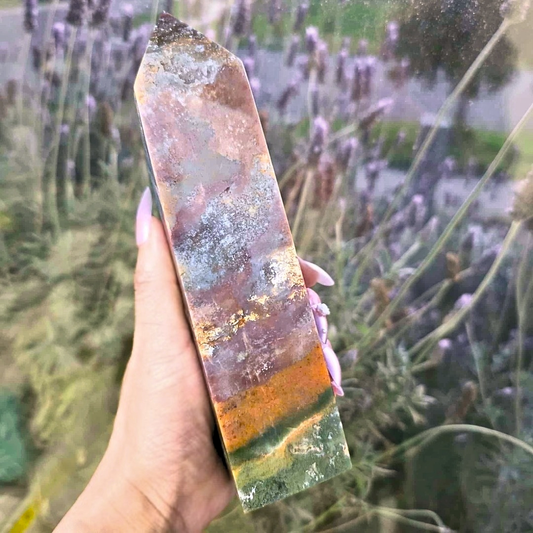 Large Druzy Ocean Jasper Tower Point - 718g, 19cm tall