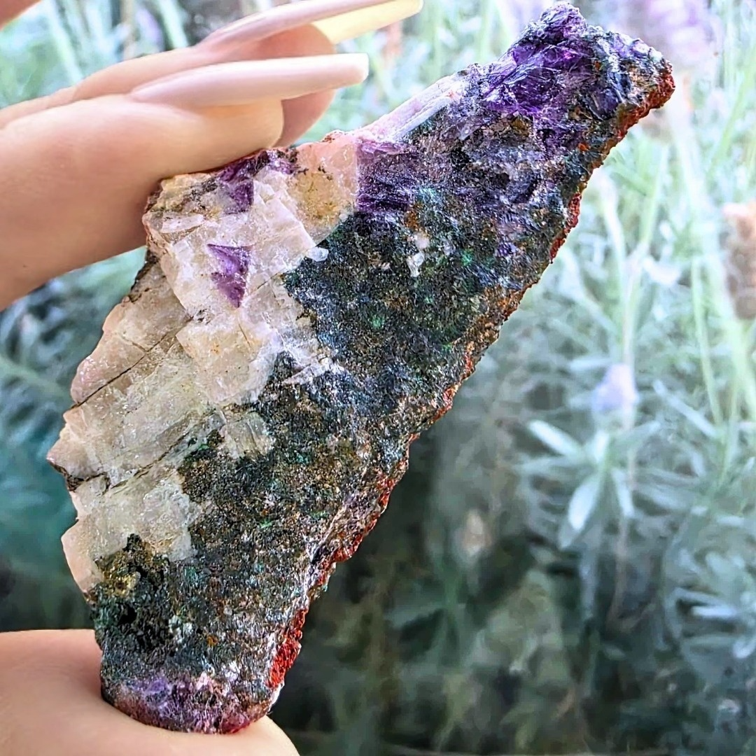Purple Cubic Fluorite on Malachite & Feldspar Cluster