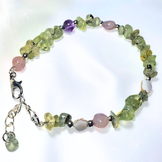 Customised Length Prehnite, Rose Quartz, Amethyst with Flowers Crystal Bracelet