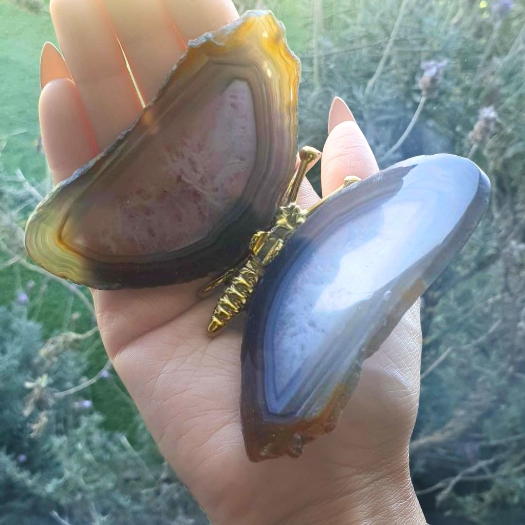 Natural Banded Agate & Quartz Butterfly with Golden Metal Body