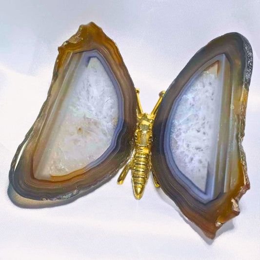 Natural Banded Agate & Quartz Butterfly with Golden Metal Body