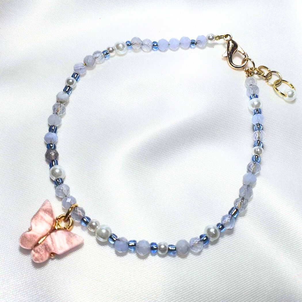 Blue Lace Agate & Glass Bead Butterfly Bracelet