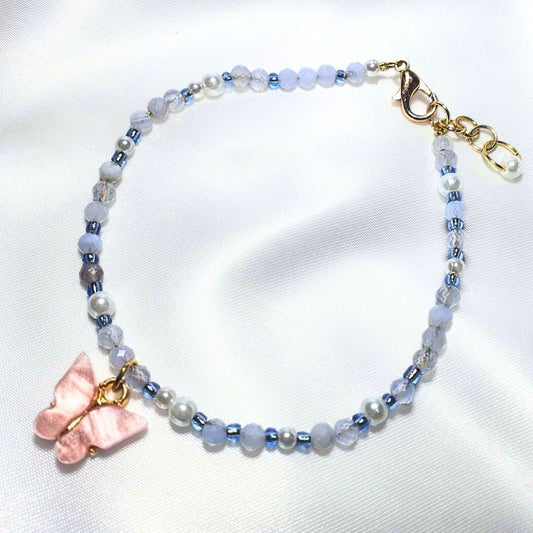 Blue Lace Agate & Glass Bead Butterfly Bracelet