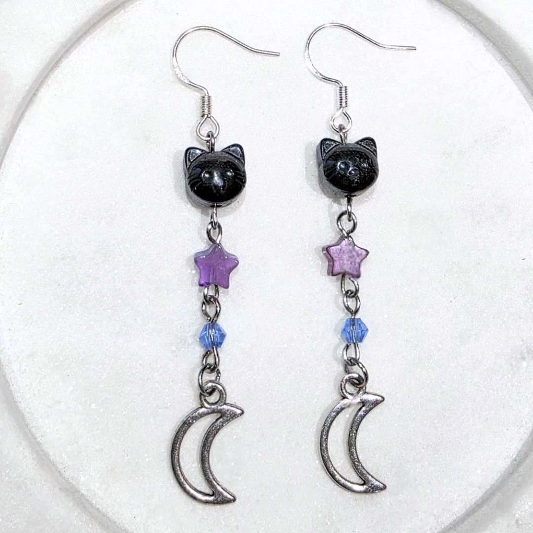 Hematite cat & Amethyst Crystal Earrings