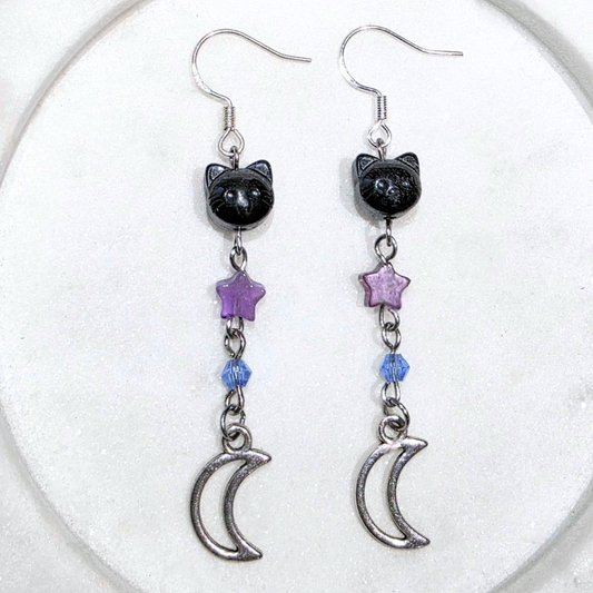 Hematite cat & Amethyst Crystal Earrings