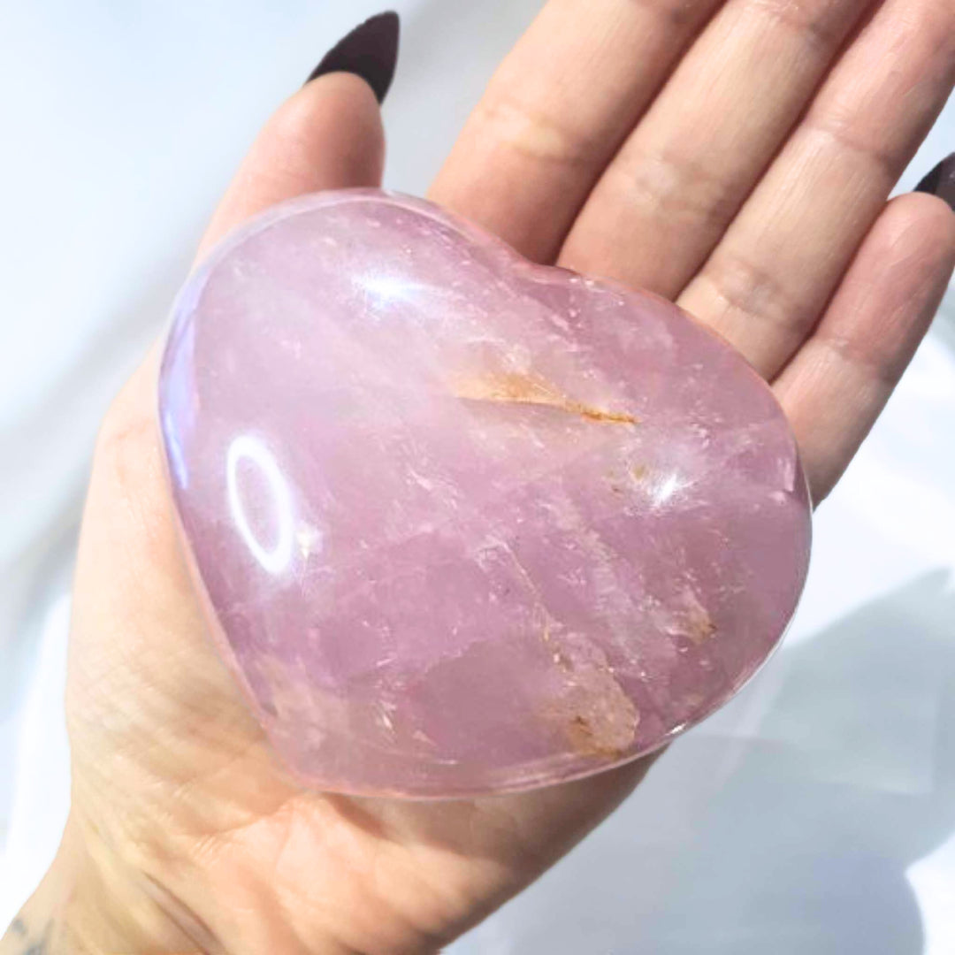 Large Puffy Rose Quartz with Golden Healer Heart - includes stand