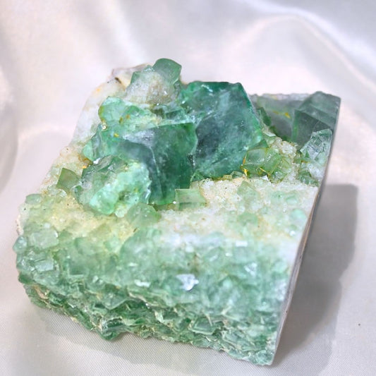 Green Cubic Fluorite with Sugar Druzy Quartz Free Form - 455g