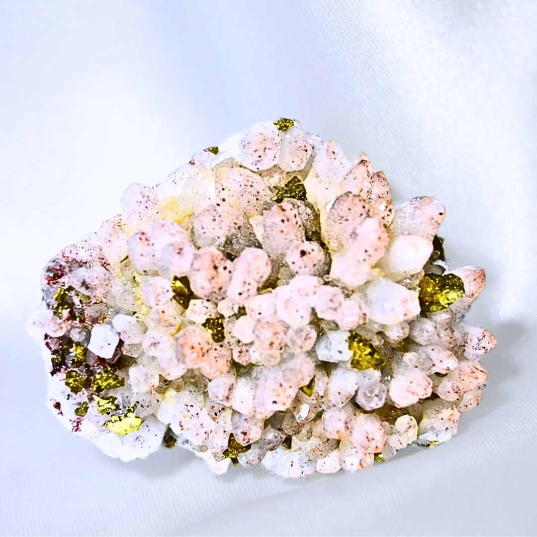 Golden Pyrite on Pink Chalcedony Cluster - Morocco