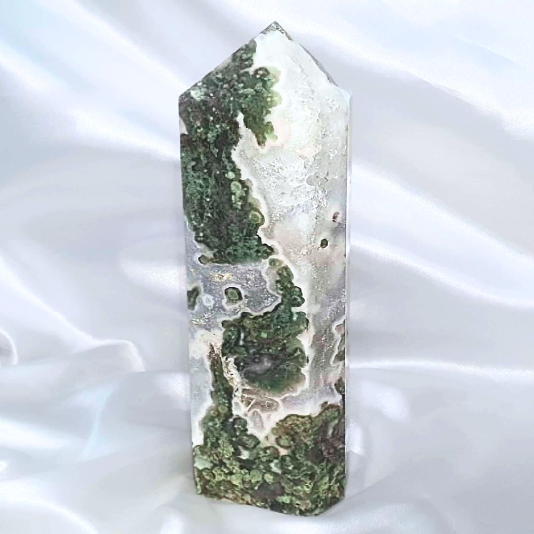 Large Moss Agate with Druzy Quartz Tower Point - 19cm, 749g