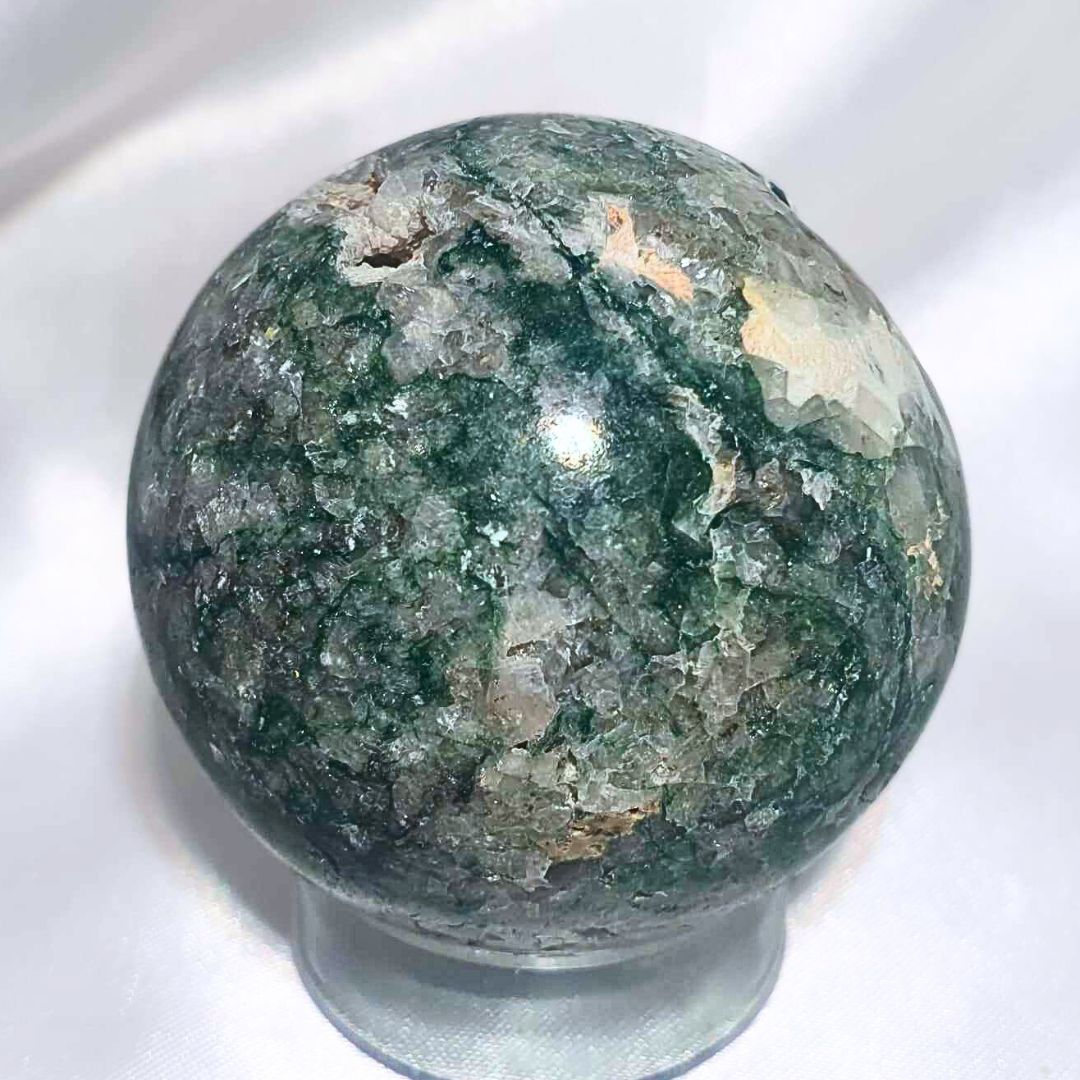 Moss Agate Sphere with Natural Openings - includes stand